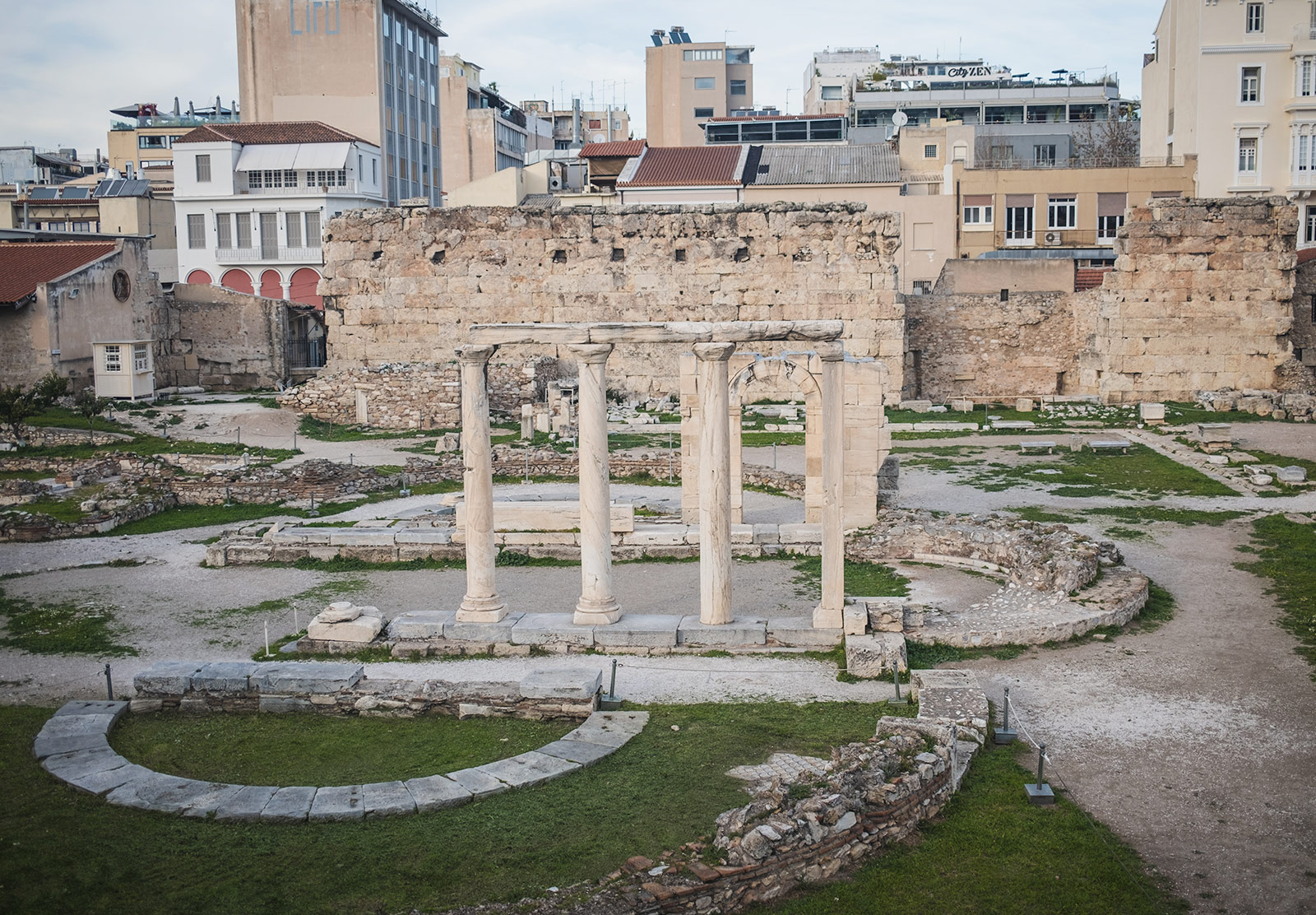 Old pillars on grass