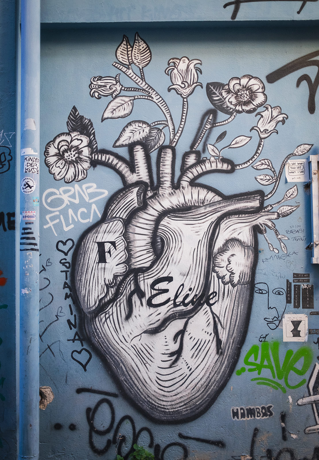 Monotoned heart with flowers