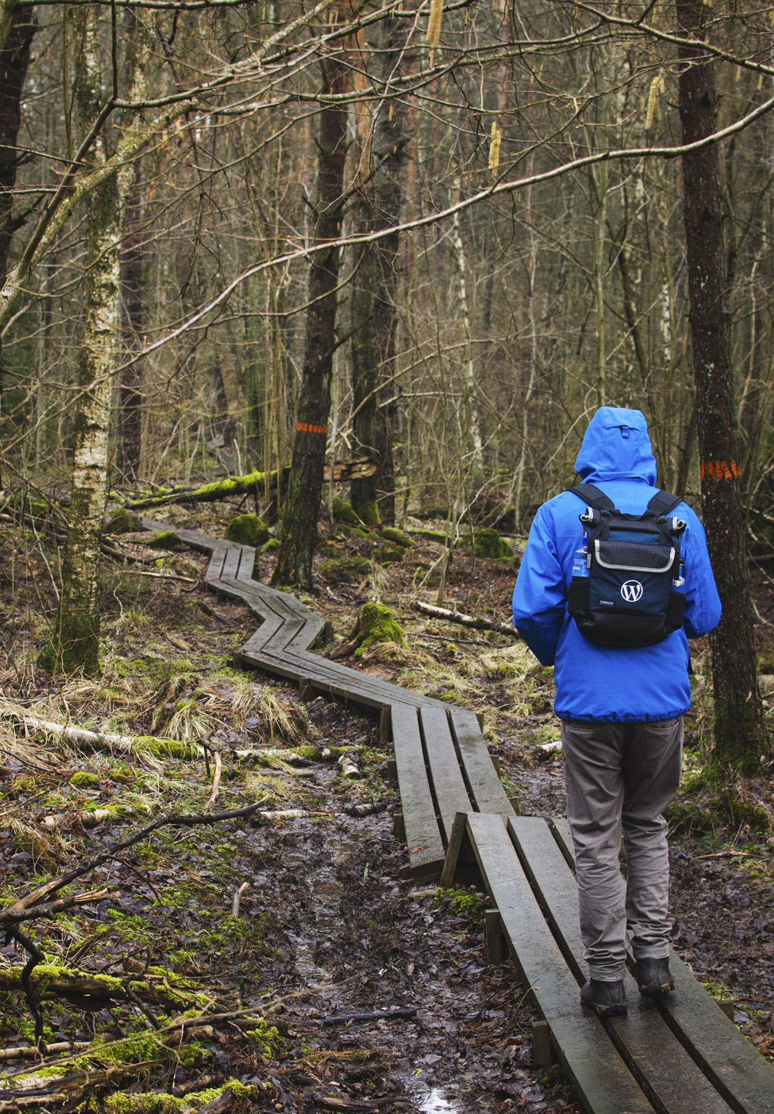 Man walking on wooden boards