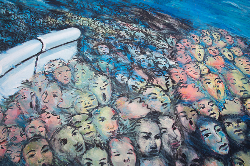 Mural of people moving through wall