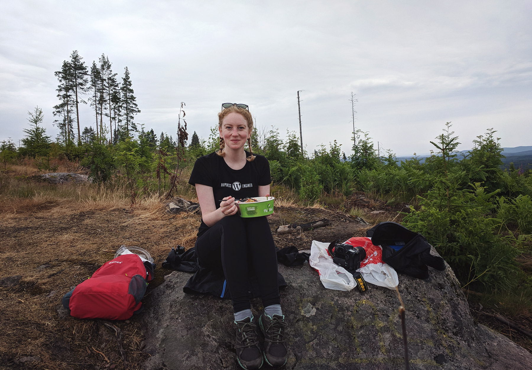 Eating lunch on a rock