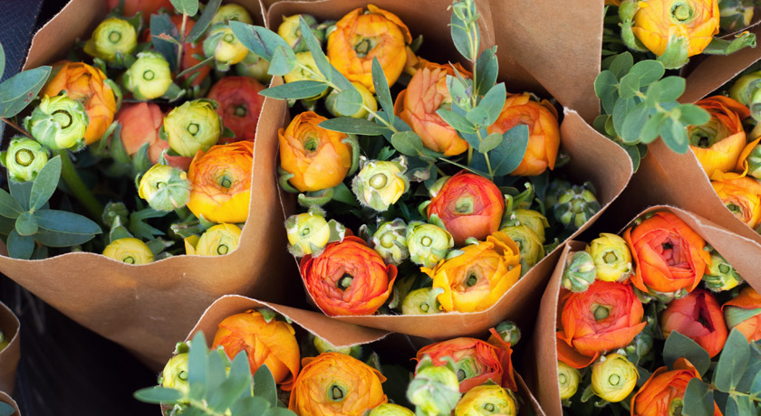Bunches of orange and yellow flowers