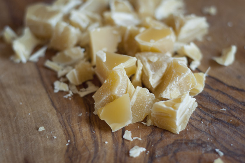 Chopped beeswax on board