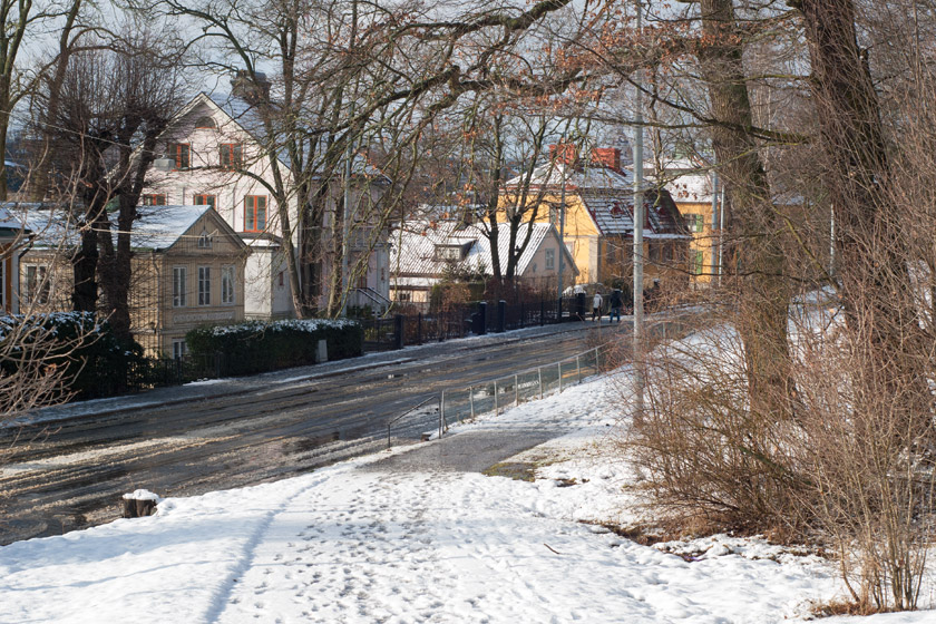 Wooden houses in the snow