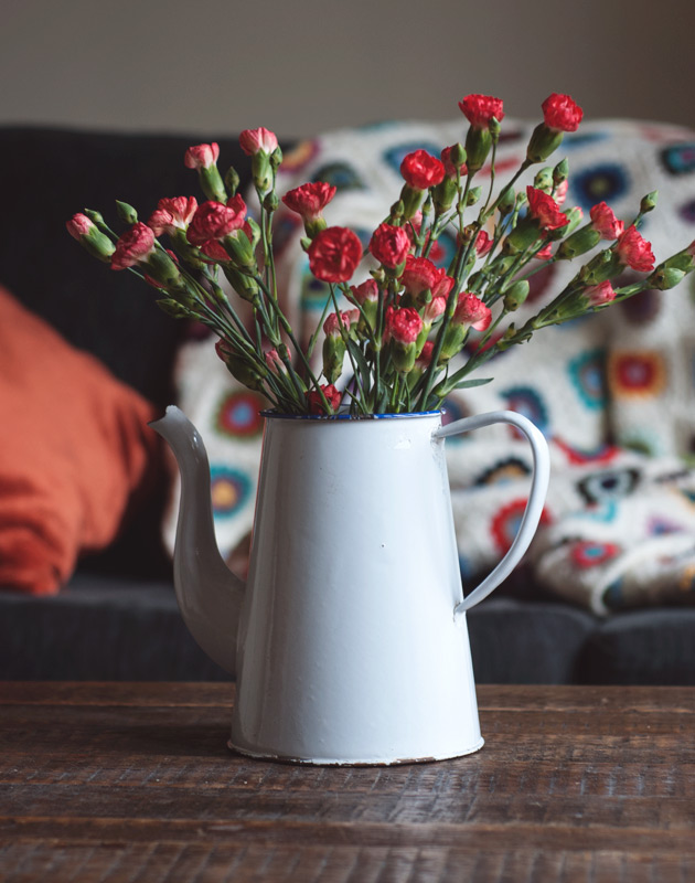 Red flowers in white jug