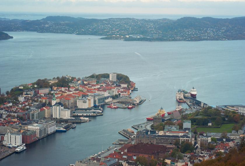 View over ocean and the city of Bergen