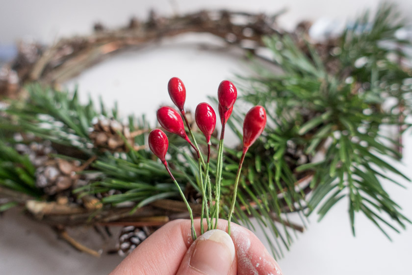 Red glass berries on wire