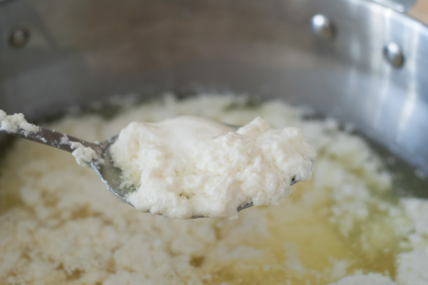 Large mozzarella curd on spoon