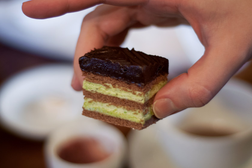 Layered chocolate and pistachio cake