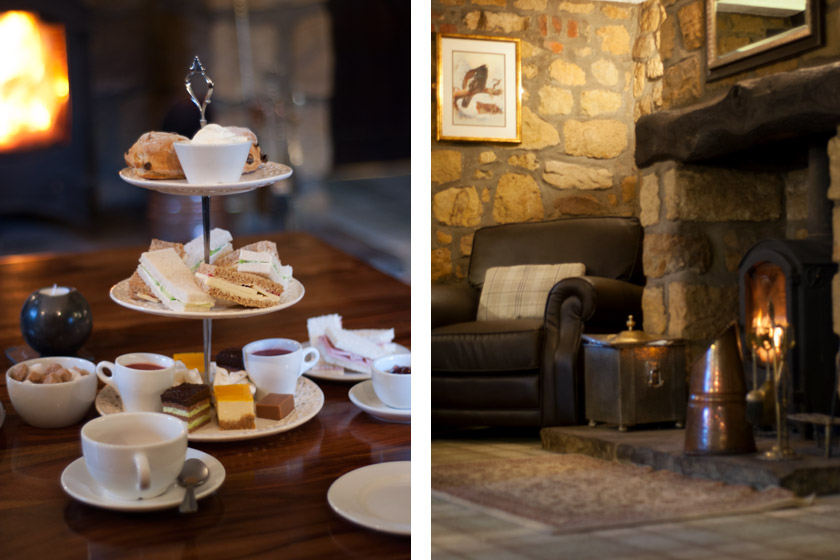 Afternoon tea in front of log fire