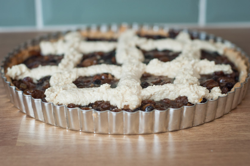Egg white piped onto tart