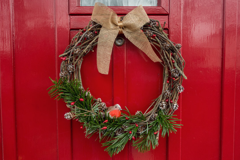 Wreath on red front door