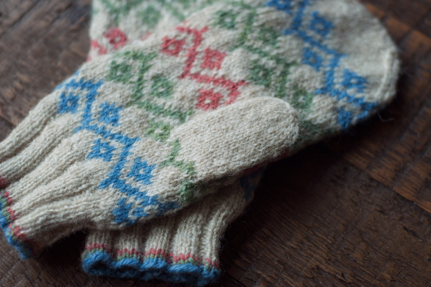Fair Isle mittens on table