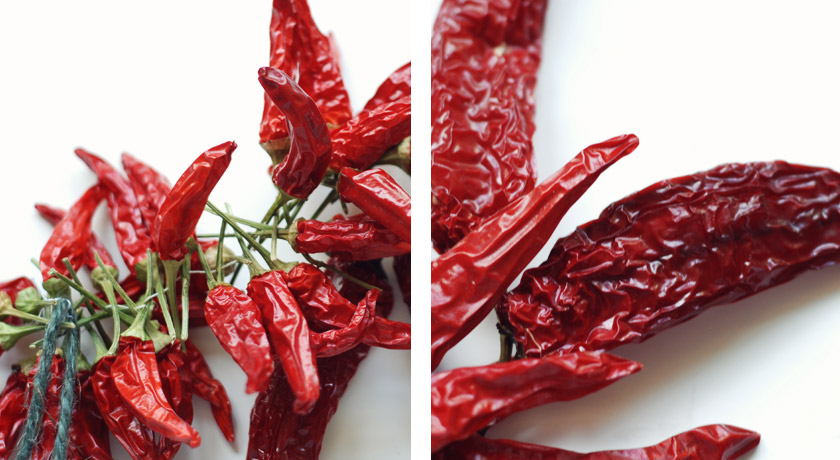 Dried chillies strung up into a lazy ristra