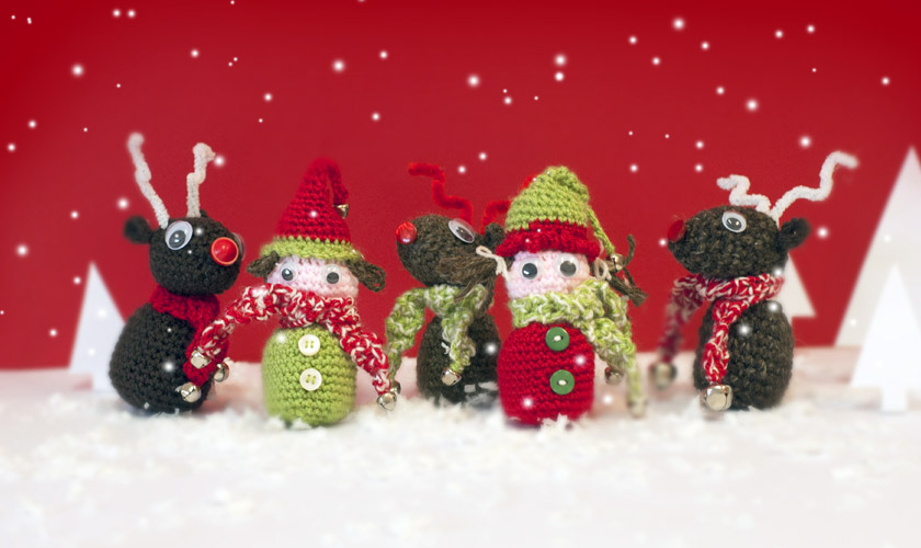 Crochet reindeer and elves in the North Pole