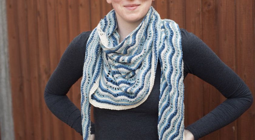 Blue Northmavine Hap worn as a scarf