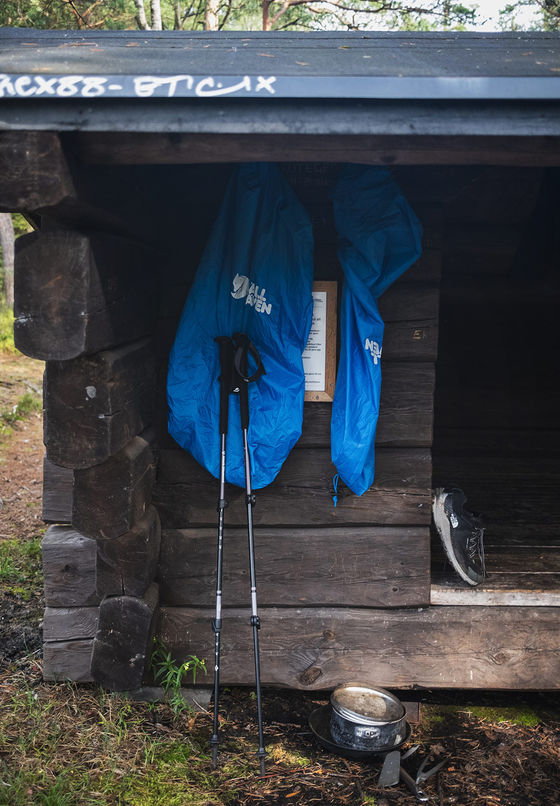 Bag covers hung up in shelter