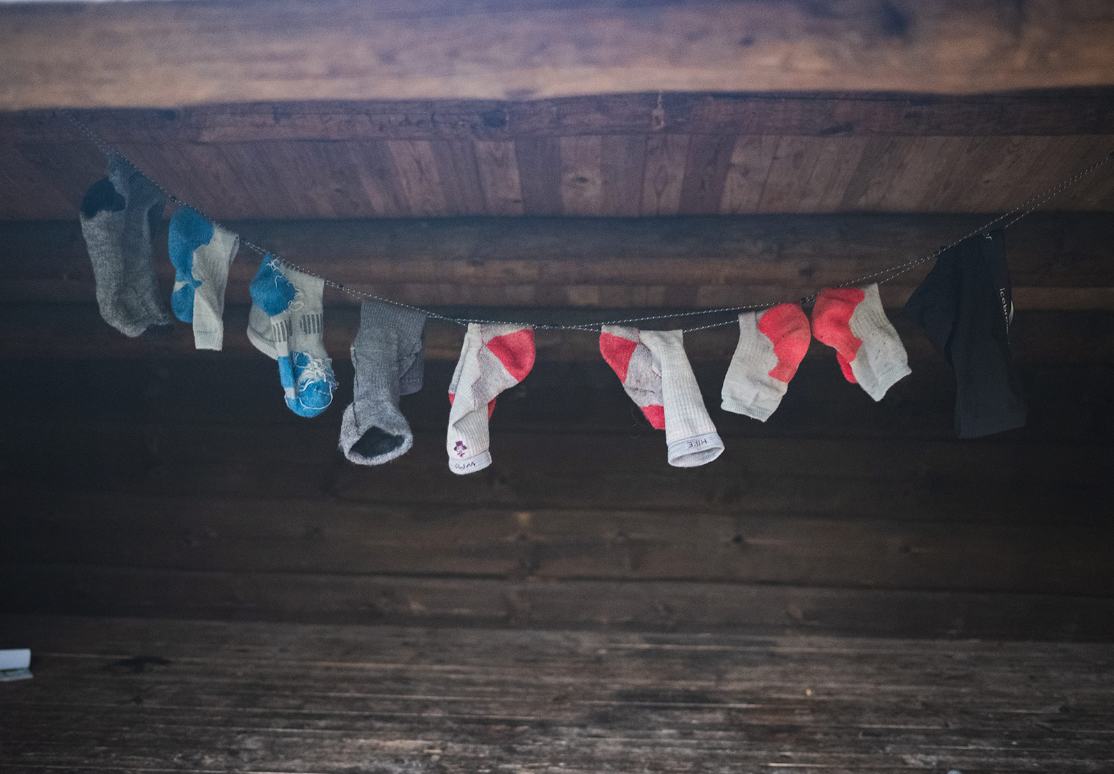 Socks strung up on washing line