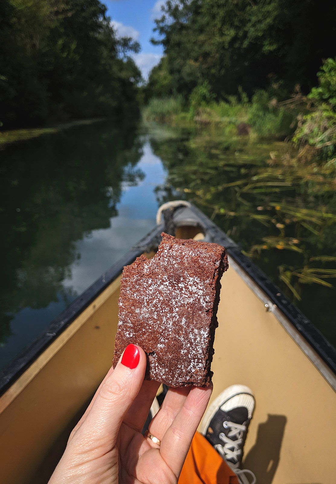 Chocolate brownie on canoe