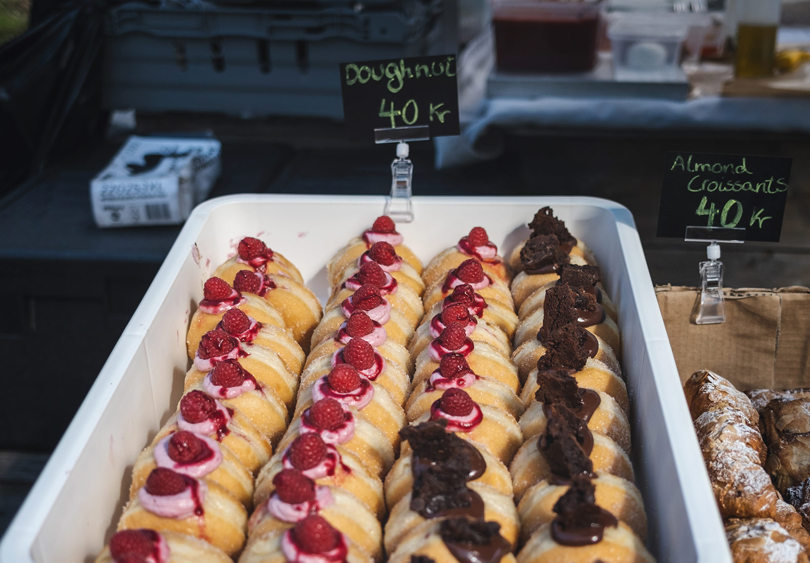 Tray of decorated doughnuts