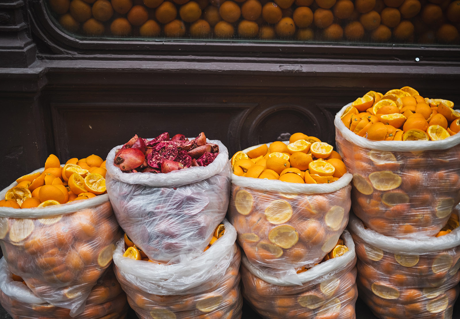 Bags of juiced oranges