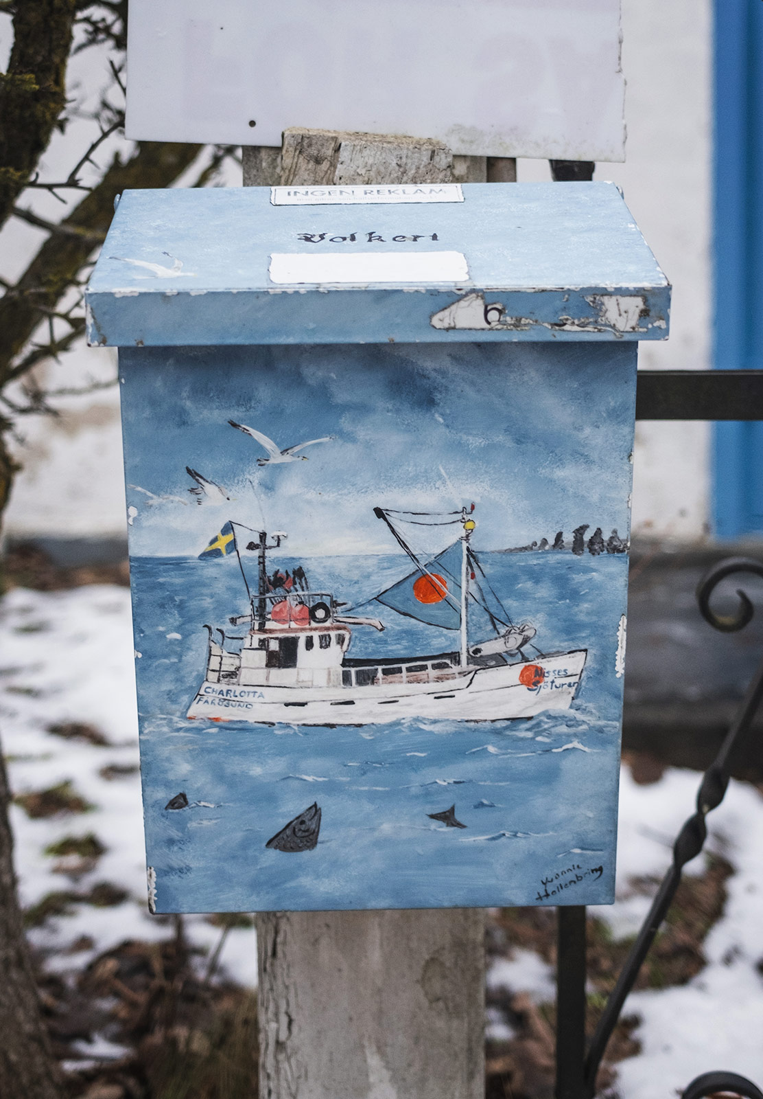 Hand painted boat on postbox