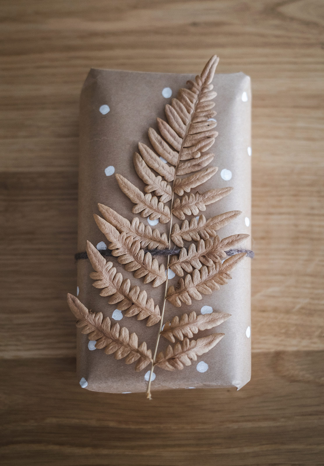 Dried fern leaf tied to gift