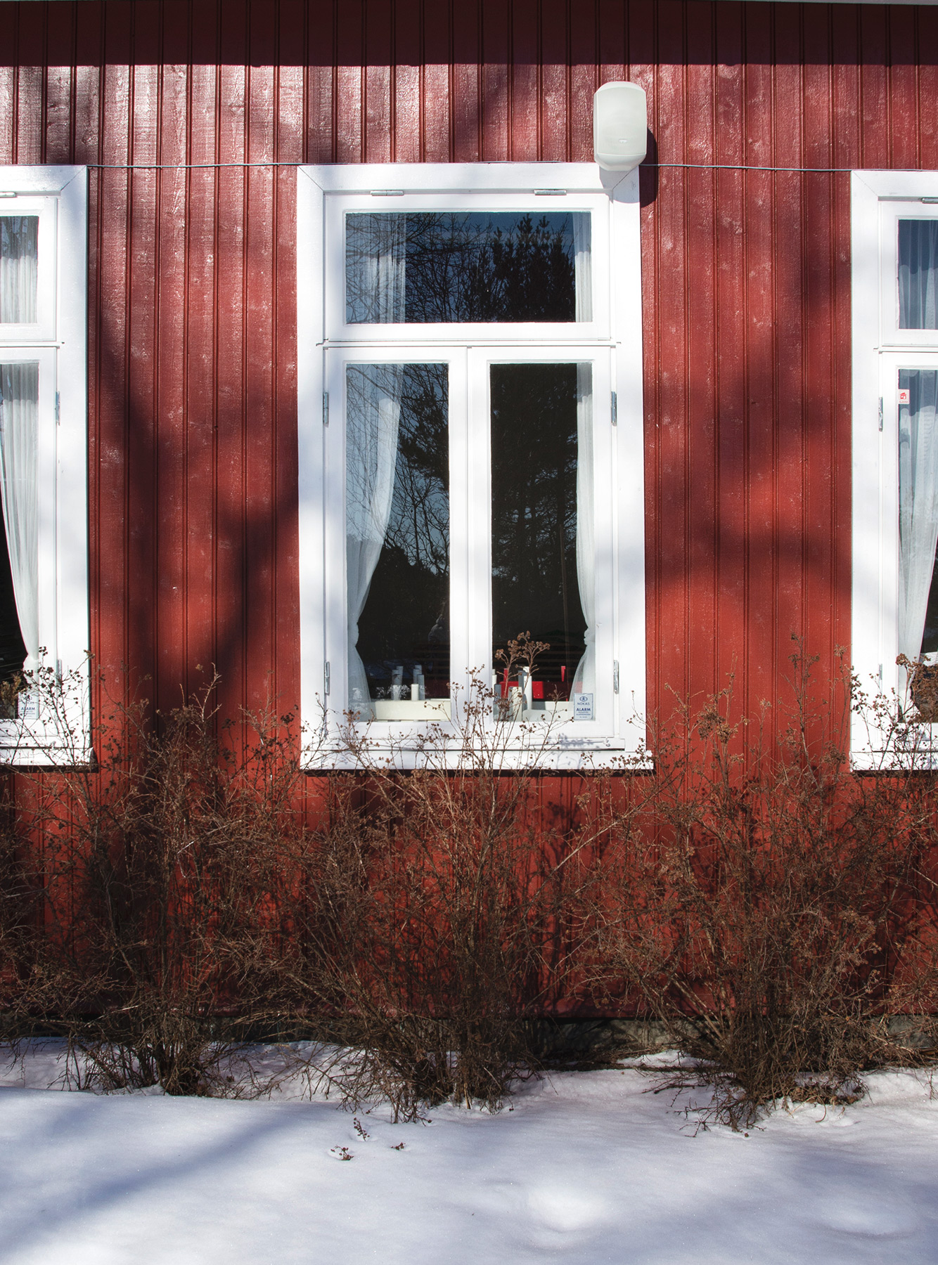 White window frames on red building