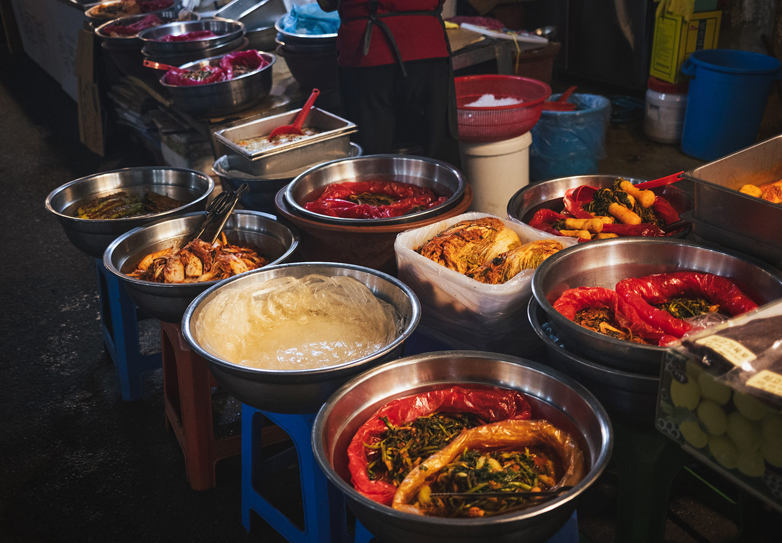 Large metal bowls of food