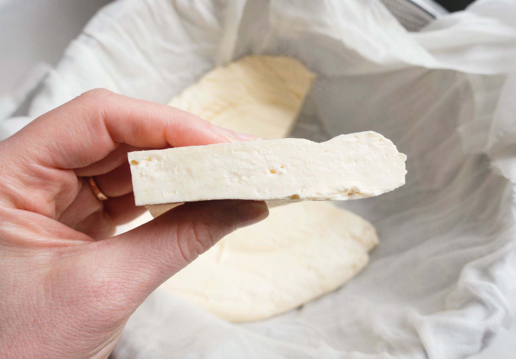 Hand holding slice of halloumi