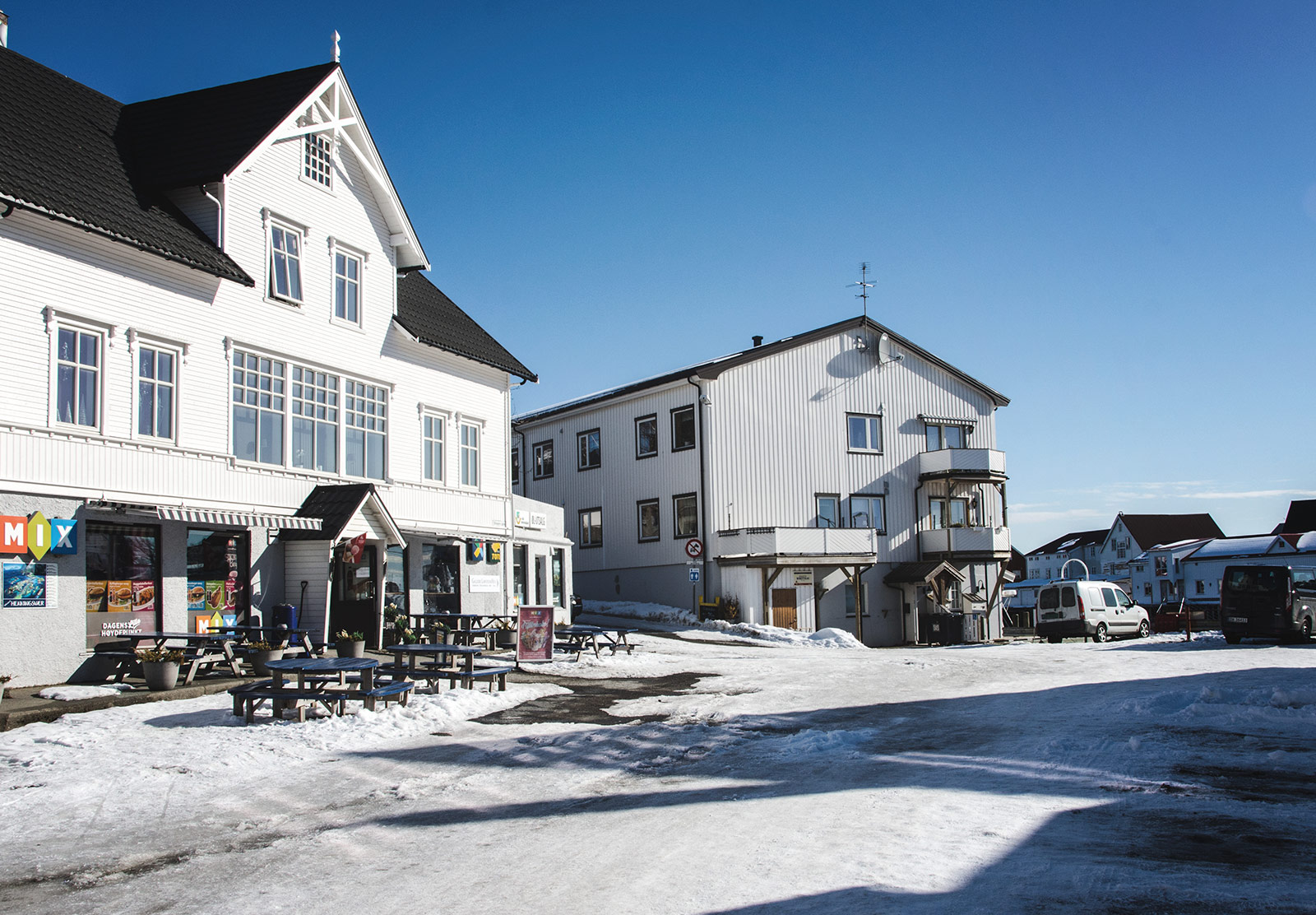 White wooden buildings