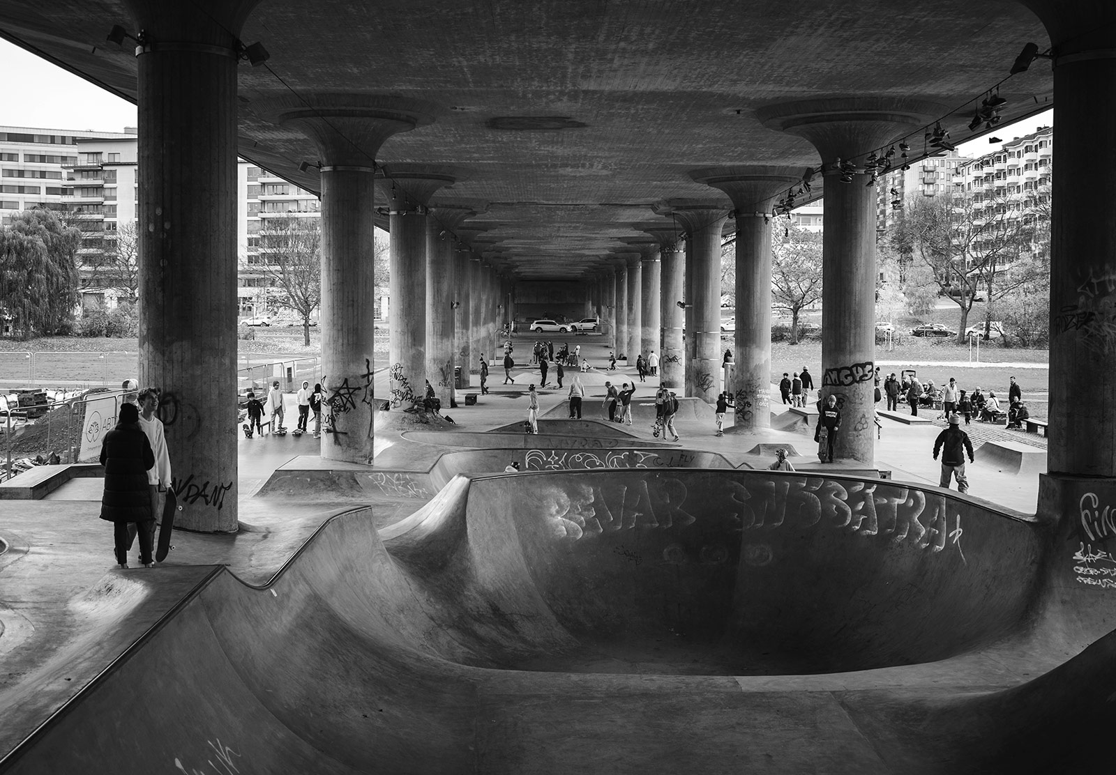 View through concrete pillars