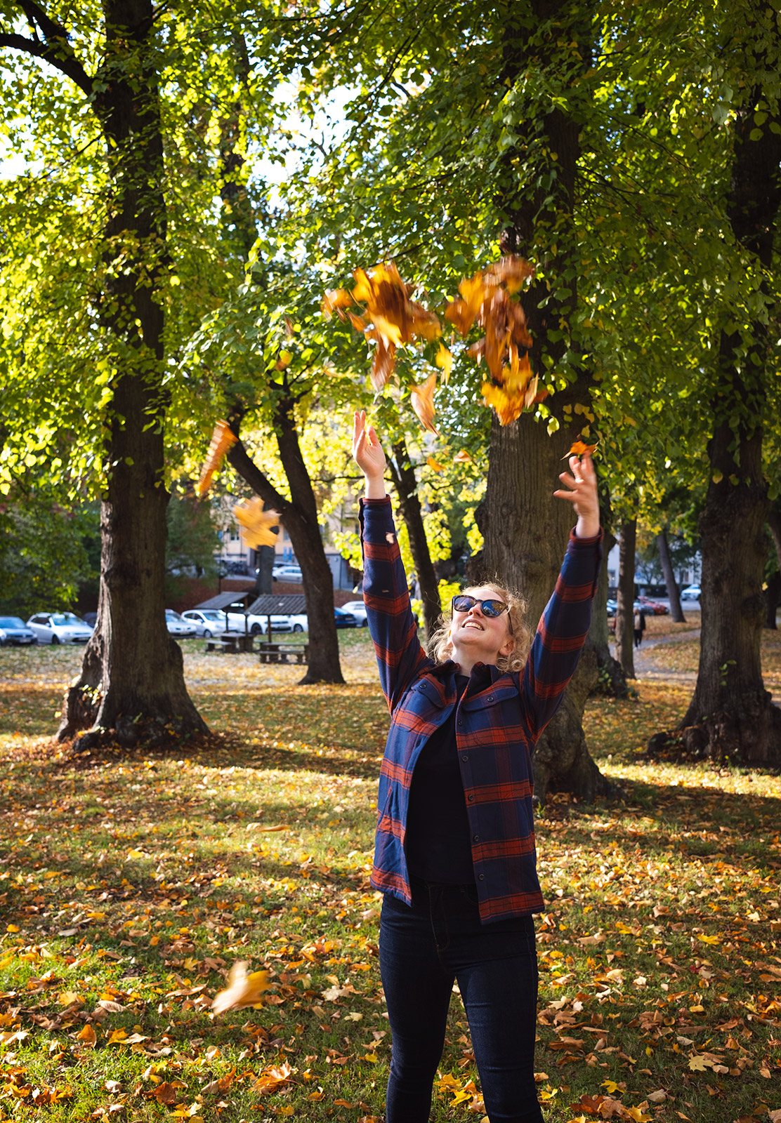Throwing leaves in the air