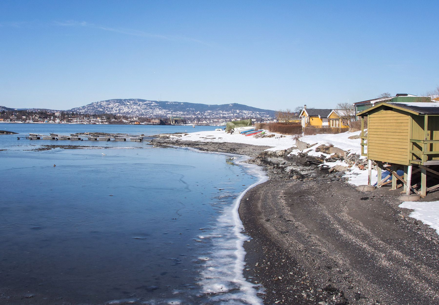 Wooden houses on shore