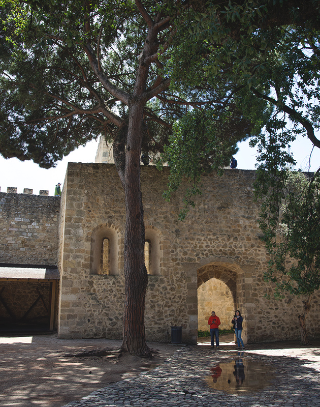 Stone castle walls in courtyard
