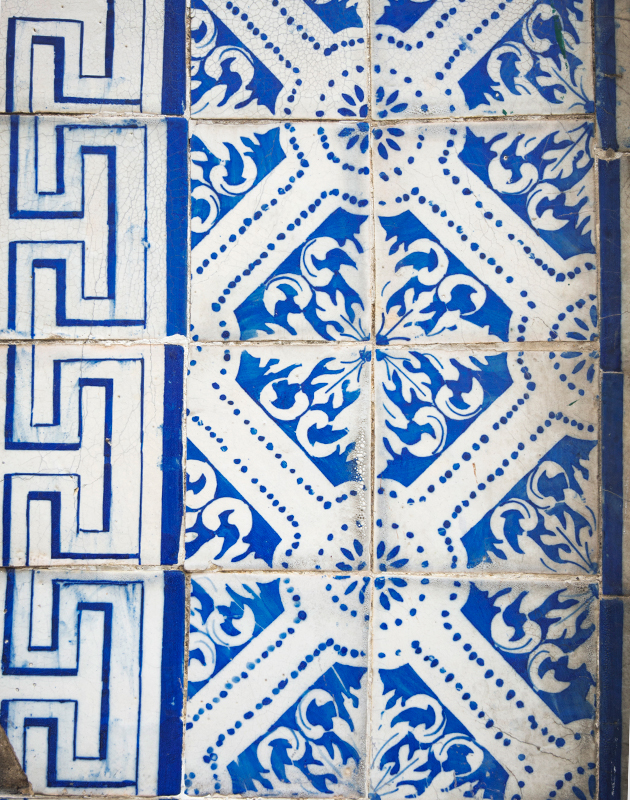 Mismatched blue and white tiles