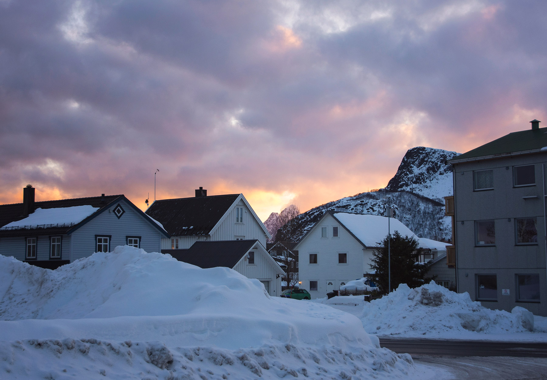 Sunset and snowy landscape