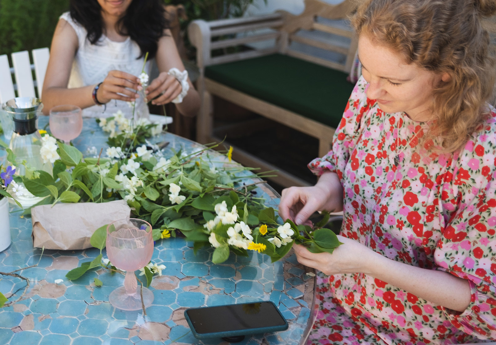 Tying flowers on wire