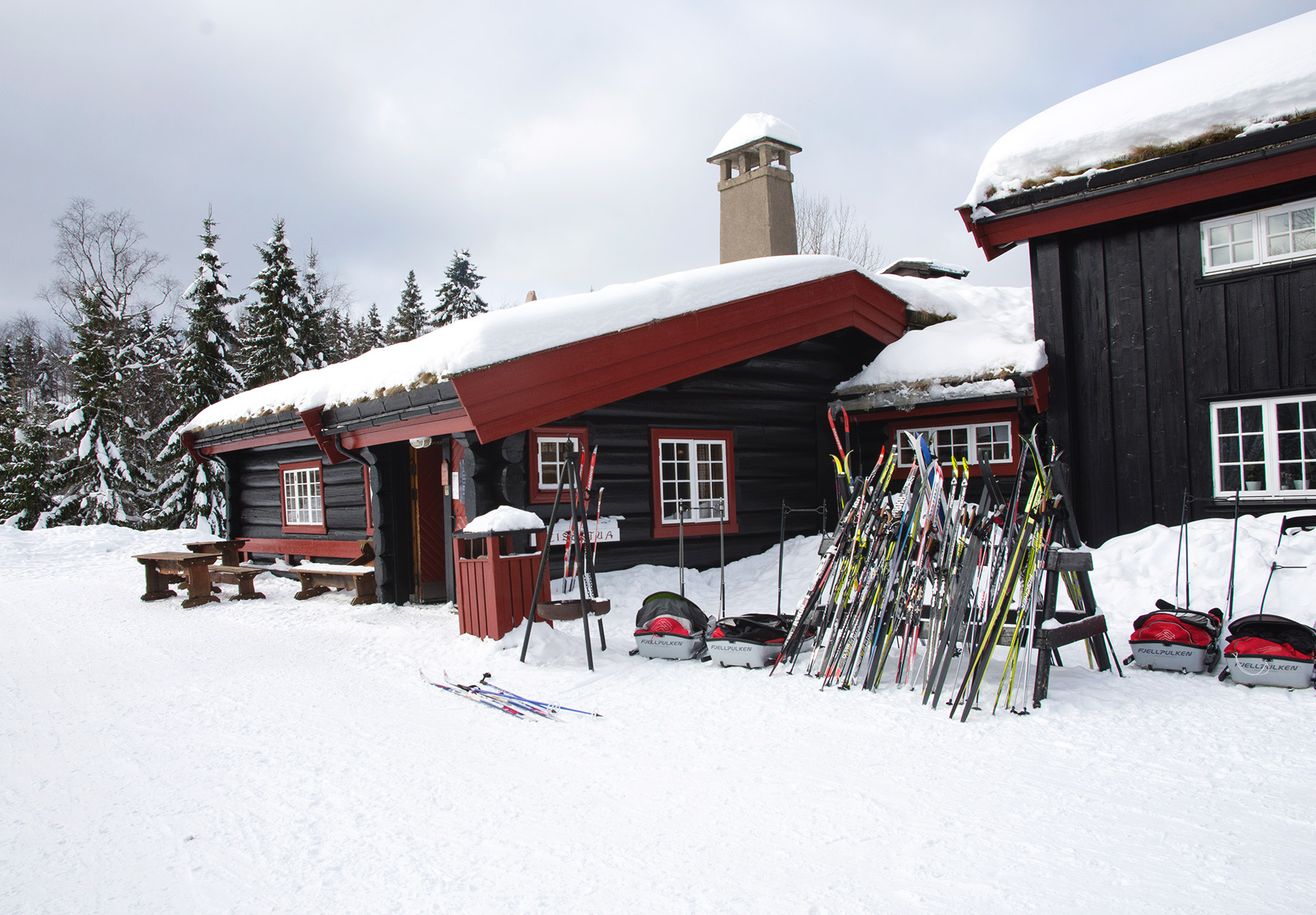 Black and red wooden buildings