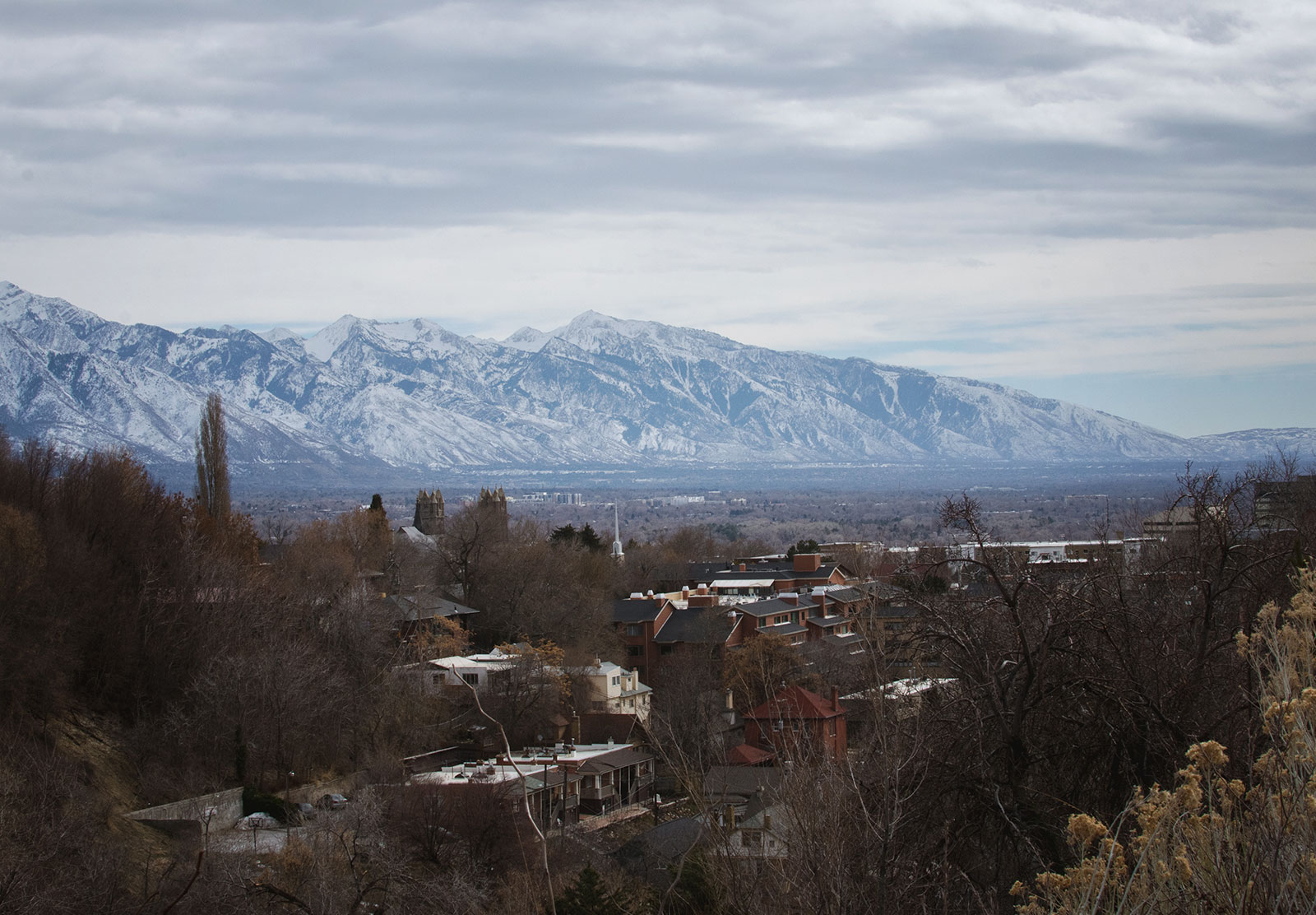 Snow covered mountains in distance