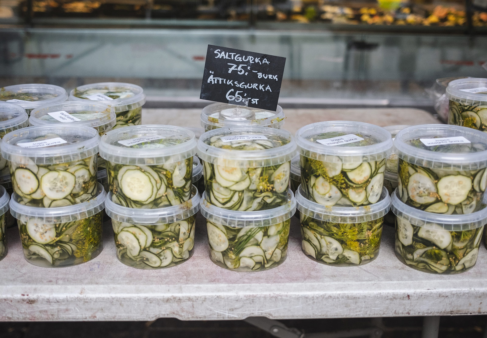 Pots of pickled cucumbers