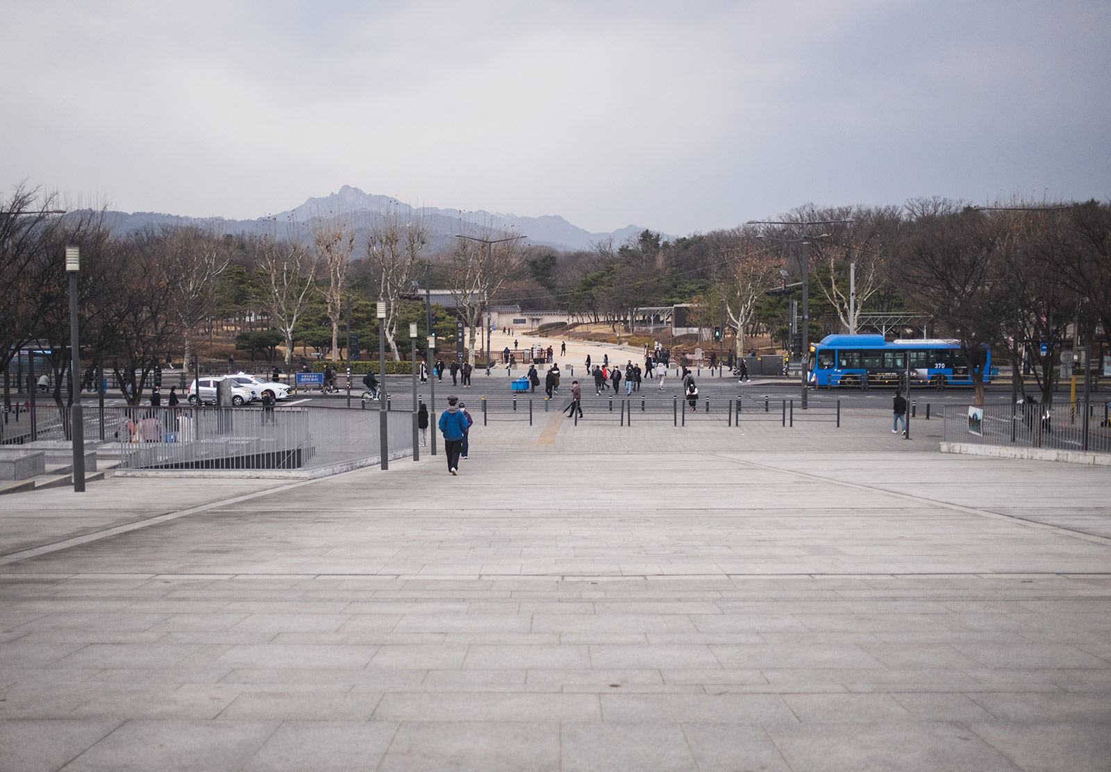View over park, with hill in the background