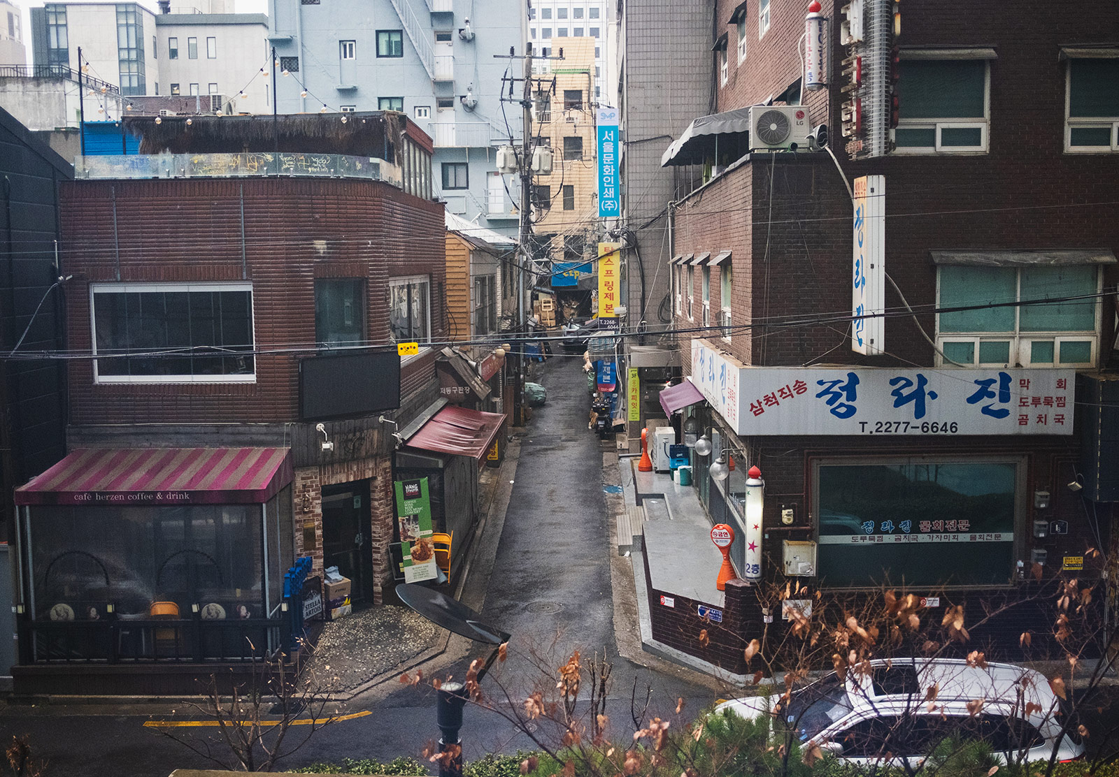 View down narrow street