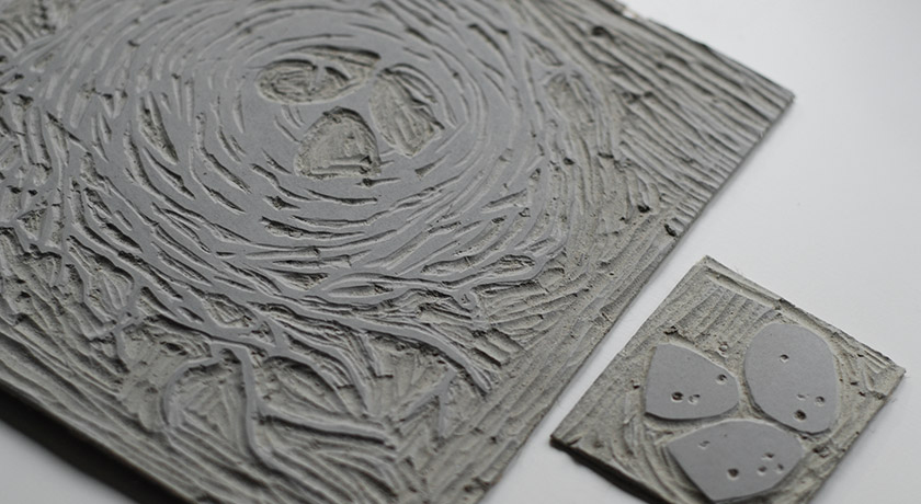Birds nest and egg lino cuts