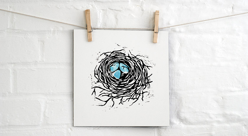 Black and duck egg blue bird's nest print