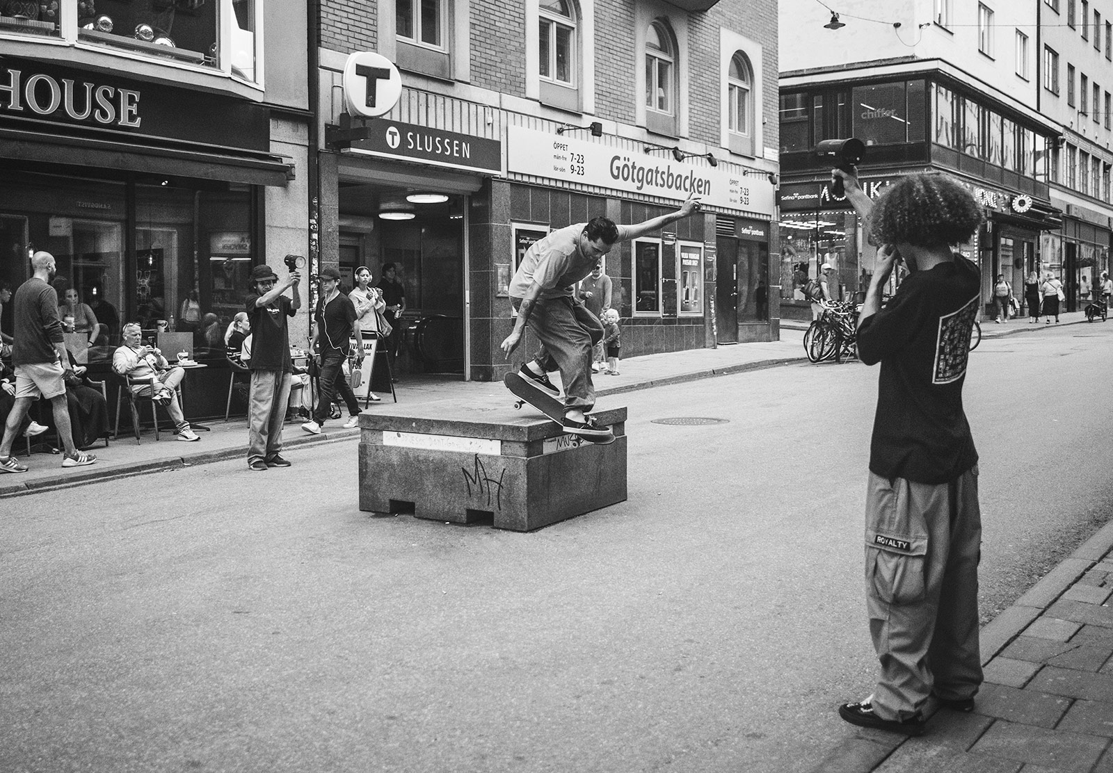 Skater on concrete bollard