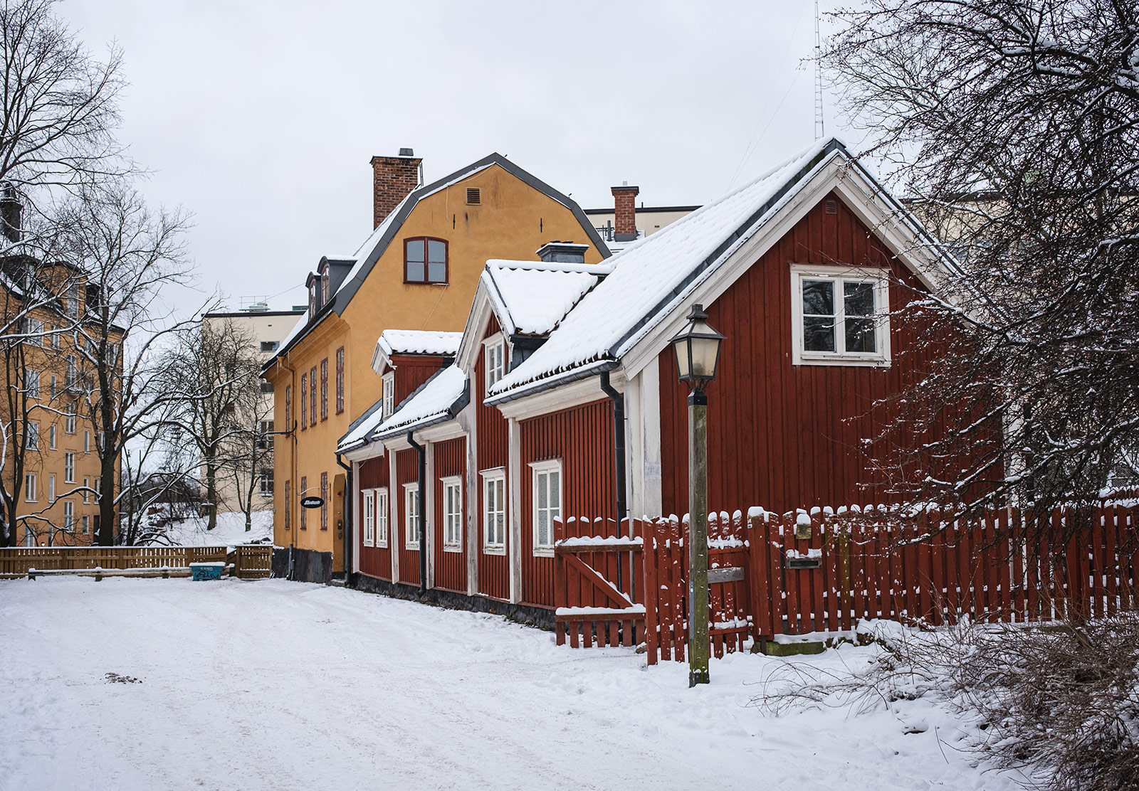 Wooden buildings in the snow