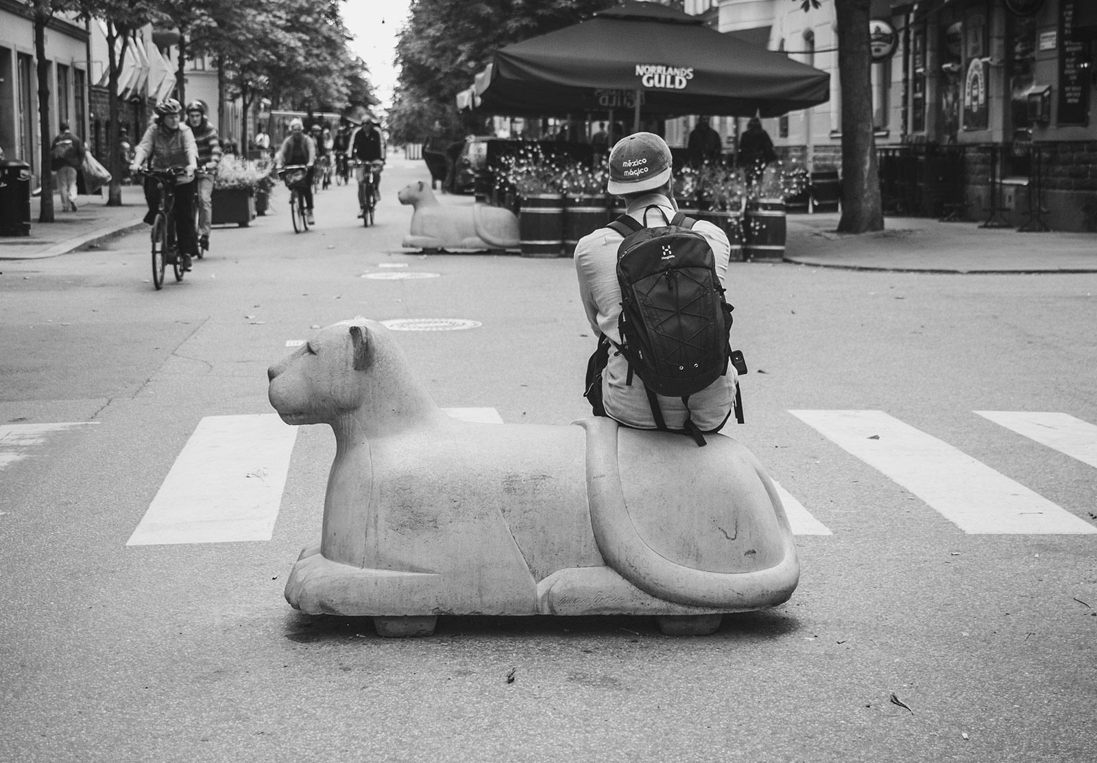 Man sat on concrete lion
