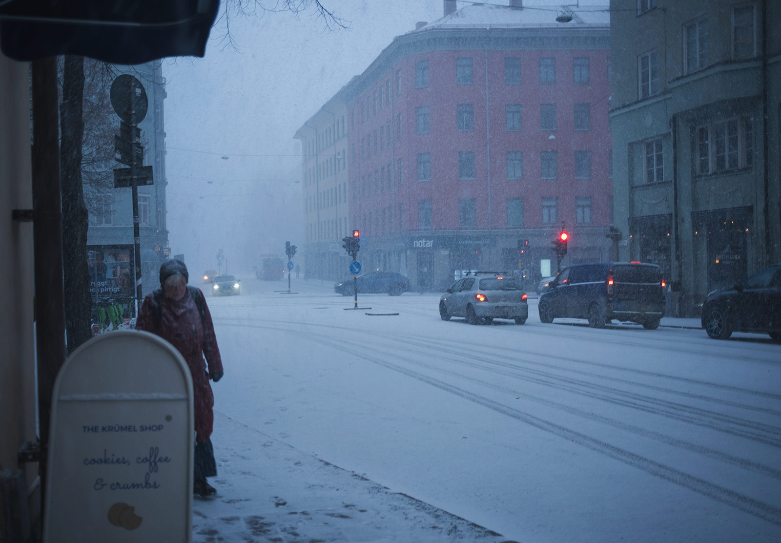 Cars driving in a blizzard