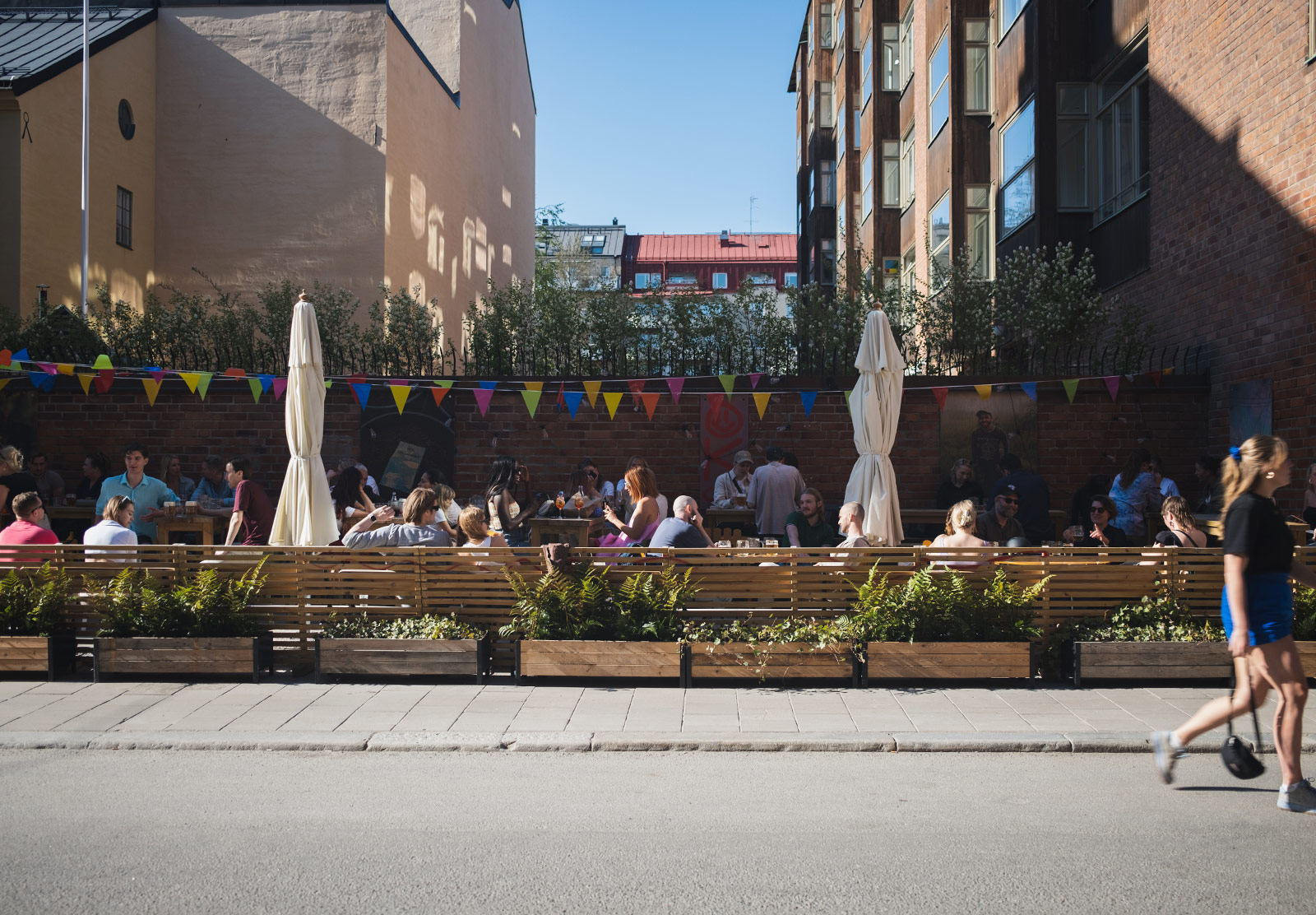 Outdoor dining area with bunting